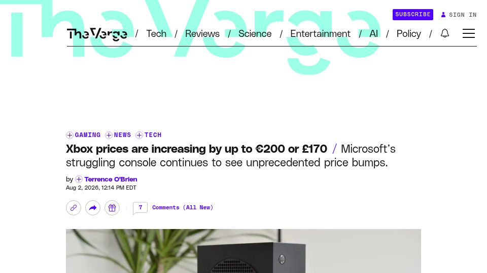 Screenshot of theverge.com: Microsoft raises Xbox prices by up to 43%