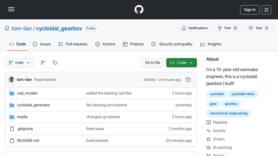 Screenshot of github.com: Show HN: I'm a 15 Year Old Wannabe Engineer, This Is a Cycloidal Gearbox I Built