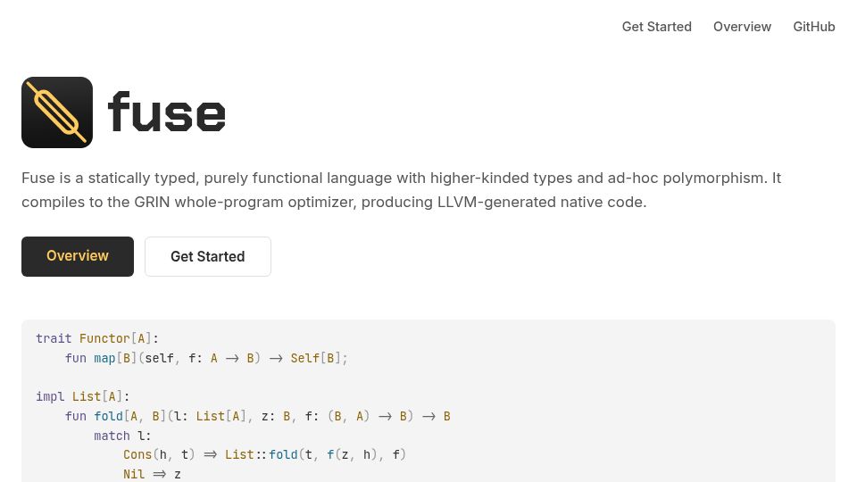 Screenshot of fuselang.org: Show HN: Fuse – statically typed functional programming language