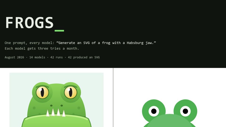 Screenshot of frogs.vaguespac.es: My personal AI benchmark: “Generate an SVG of a frog with a Habsburg jaw”