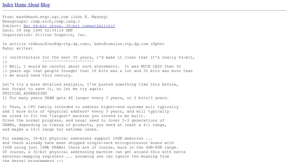 Screenshot of yarchive.net: The Prospects for 128 Bit Processors ( John Mashey SGI 1995)