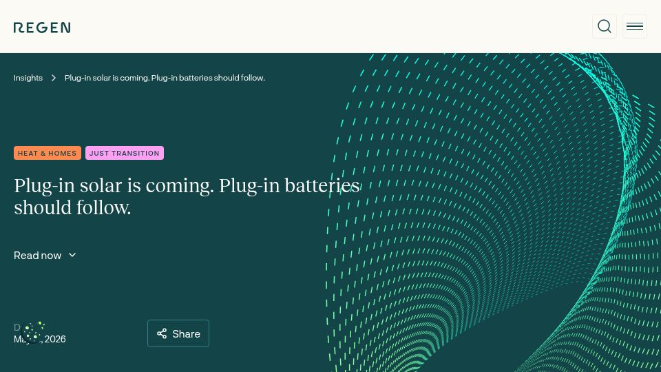 Screenshot of regen.co.uk: Plug-in solar is coming. Plug-in batteries should follow