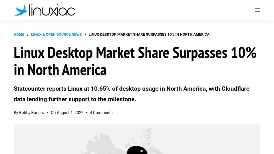 Screenshot of linuxiac.com: Linux Desktop Market Share Surpasses 10% in North America