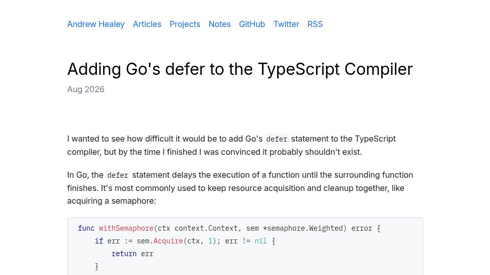 Screenshot of healeycodes.com: Adding Go's Defer to the TypeScript Compiler