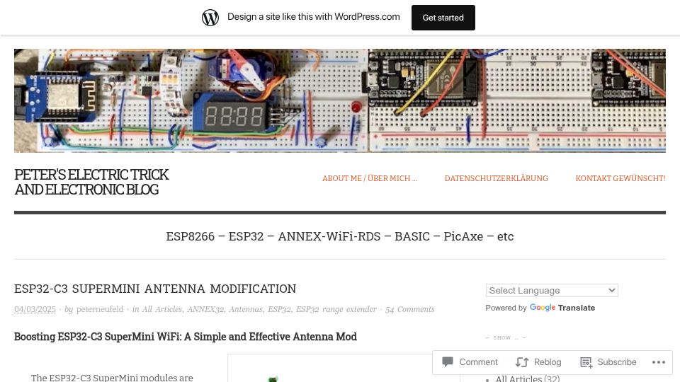 Screenshot of peterneufeld.wordpress.com: ESP32-C3 SuperMini antenna modification
