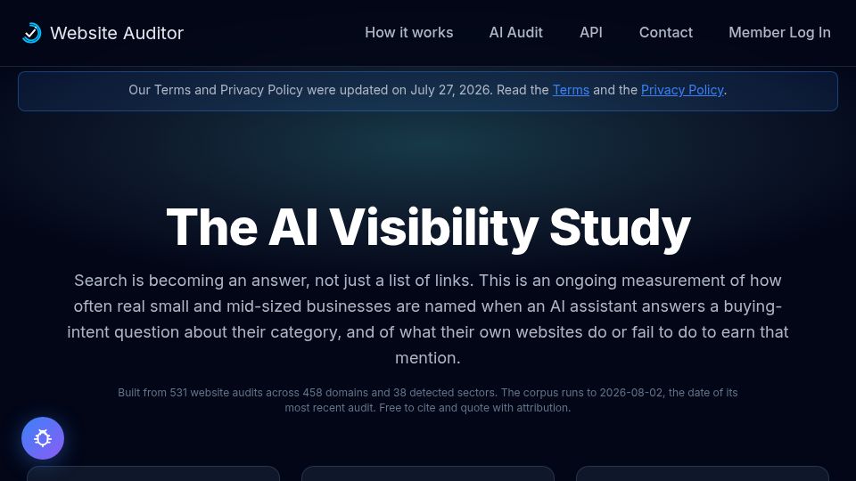 Screenshot of website-auditor.io: Only 8.9% of sites block AI crawlers, but 94.8% are never cited in AI answers