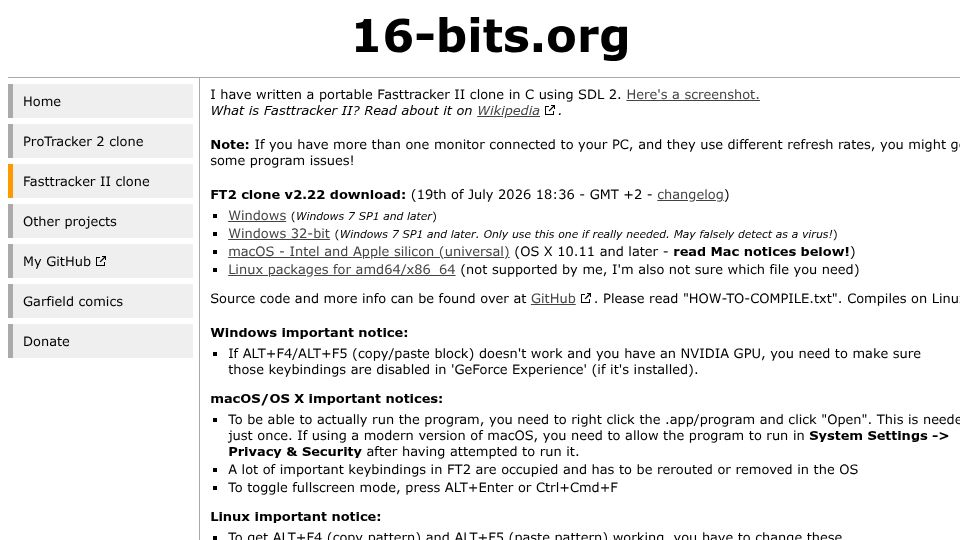 Screenshot of 16-bits.org: Fasttracker II clone in C using SDL 2