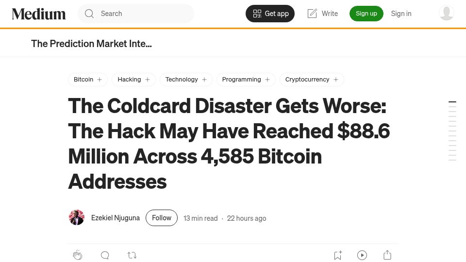 Screenshot of medium.com: The Coldcard Disaster Gets Worse: The Hack May Have Reached $88.6M