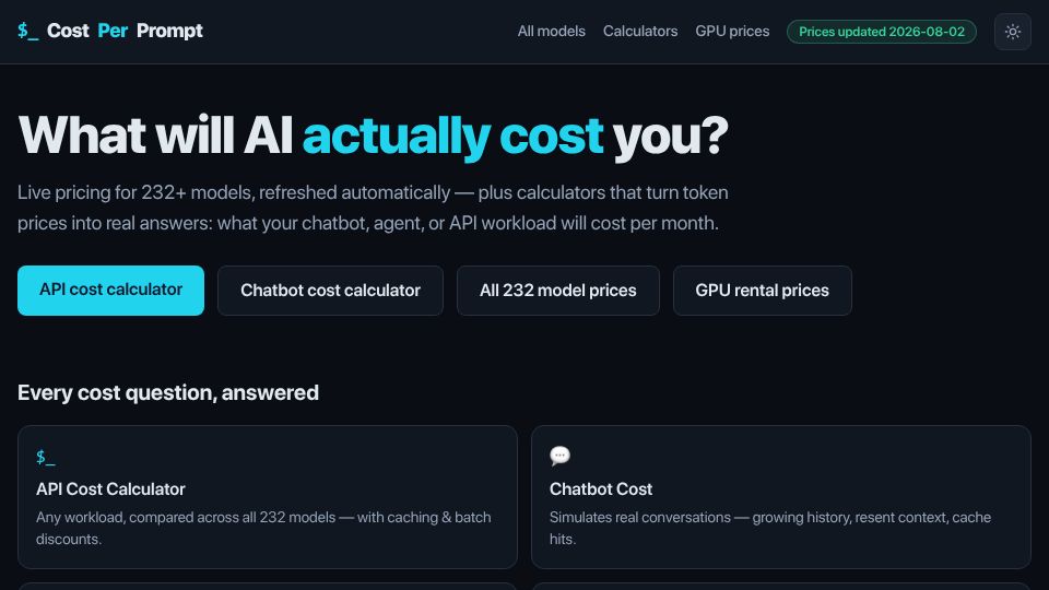 Screenshot of costperprompt.com: Show HN: CostPerPrompt – Live AI API pricing and real-workload cost calculators