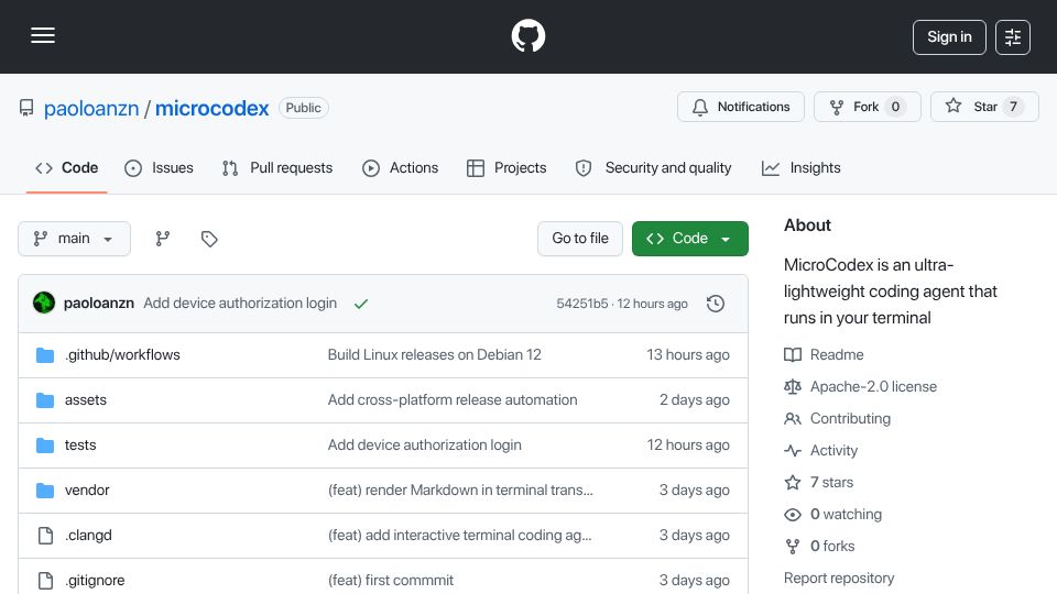 Screenshot of github.com: Show HN: MicroCodex Coding Agent – OpenAI/codex reimplemented in C++ <1MB binary