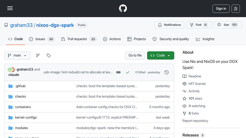 Screenshot of github.com: Show HN: NixOS-DGX-Spark – Nix and NixOS on the DGX Spark