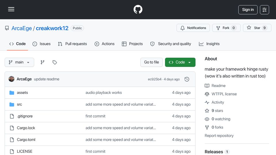Screenshot of github.com: Show HN: Make your Framework 12 sound like a creaky door
