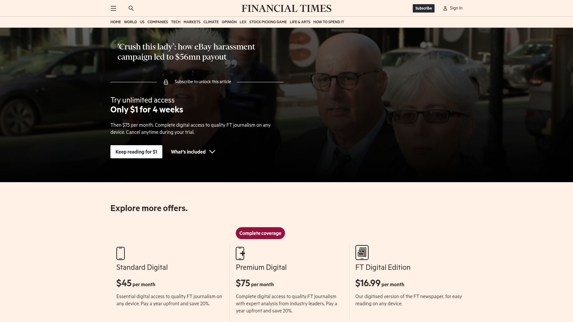 Screenshot of ft.com: 'Crush this lady': how eBay harassment campaign led to $56M payout