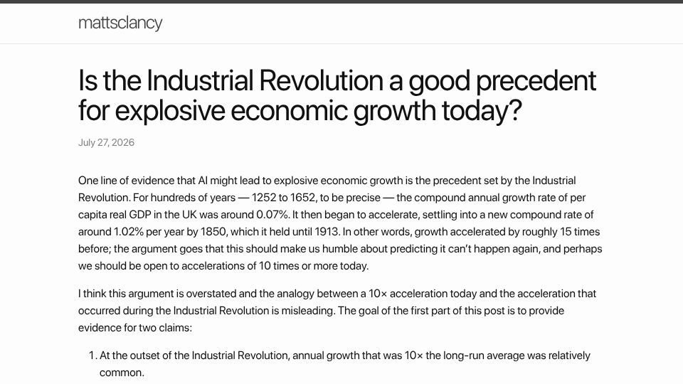 Screenshot of mattsclancy.github.io: Is the Industrial Revolution a good precedent for explosive growth today?