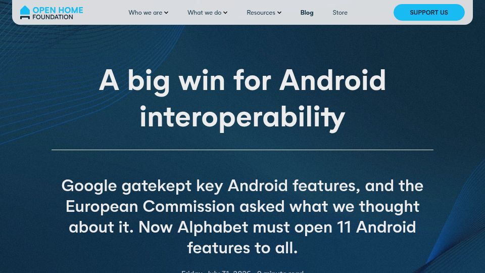 Screenshot of openhomefoundation.org: A big win for Android interoperability