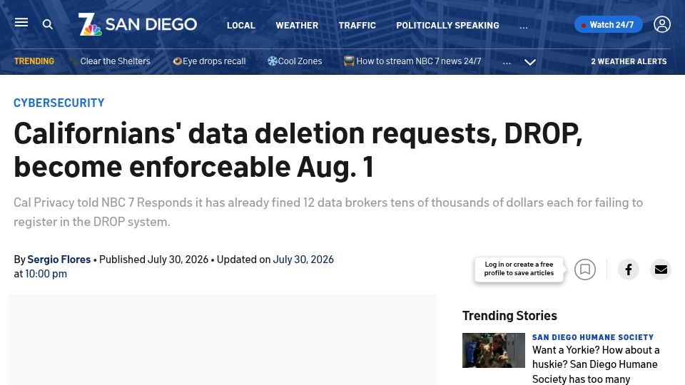 Screenshot of nbcsandiego.com: Californians' data deletion requests, DROP, become enforceable Aug. 1