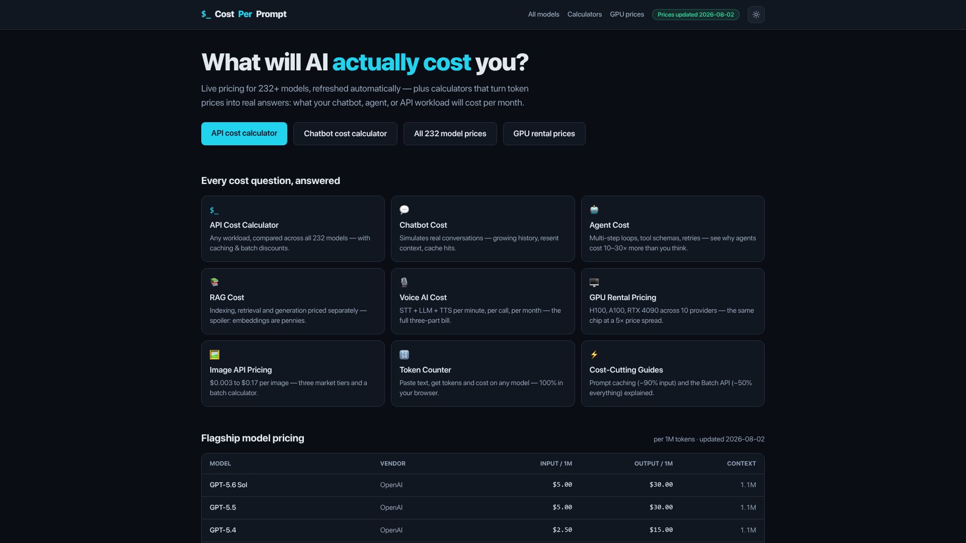 Screenshot of costperprompt.com: Show HN: CostPerPrompt – Live AI API pricing and real-workload cost calculators