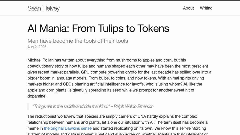 Screenshot of seanhelvey.com: AI Mania: From Tulips to Tokens
