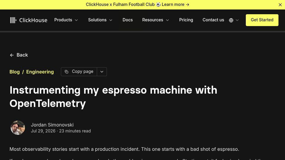 Screenshot of clickhouse.com: Instrumenting my espresso machine with OpenTelemetry
