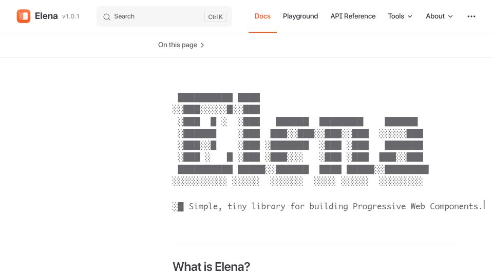 Screenshot of elenajs.com: Elena, a library for building Progressive Web Components