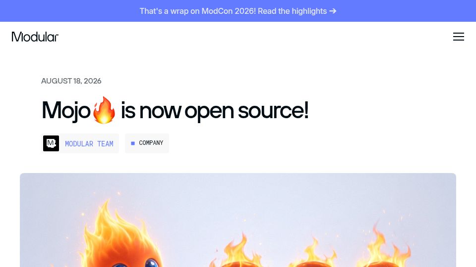 Screenshot of modular.com: Mojo is now open source