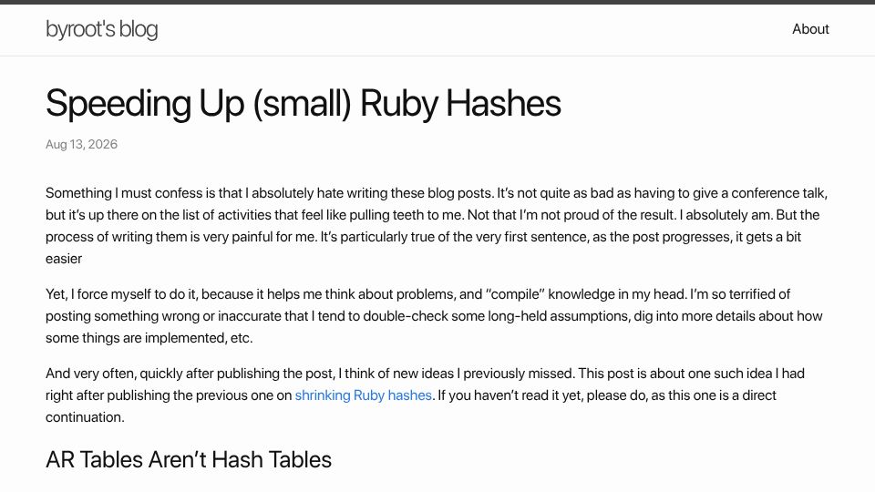 Screenshot of byroot.github.io: Speeding Up (Small) Ruby Hashes