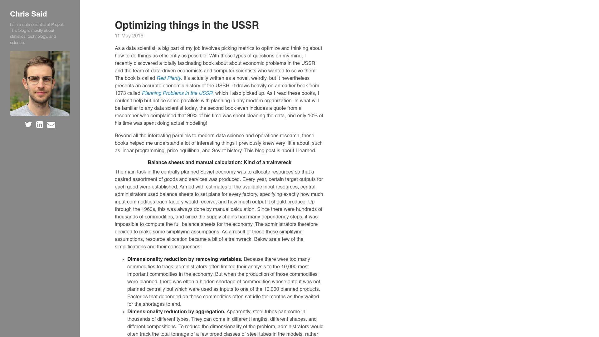Screenshot of chris-said.io: Optimizing things in the USSR (2016)
