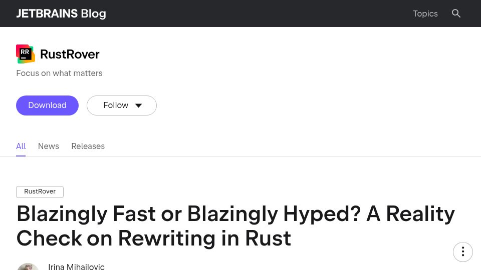 Screenshot of blog.jetbrains.com: Rewriting in Rust