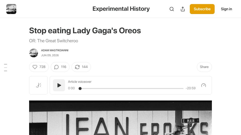 Screenshot of experimental-history.com: Stop eating Lady Gaga's Oreos