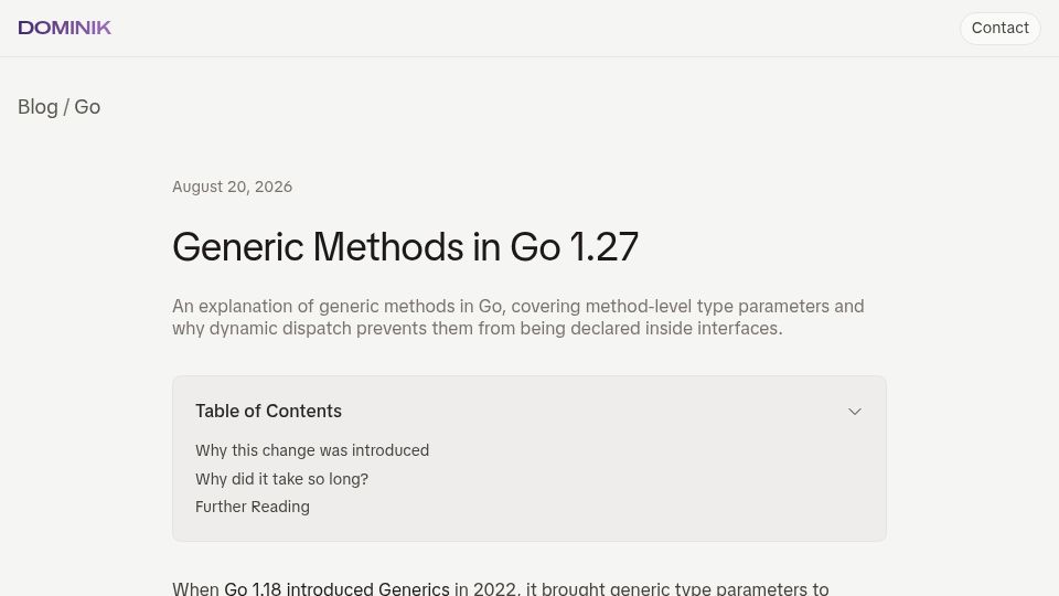 Screenshot of dominik.info: Generic Methods in Go 1.27