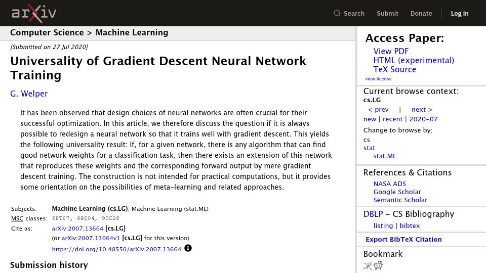 Screenshot of arxiv.org: Universality of Gradient Descent Neural Network Training