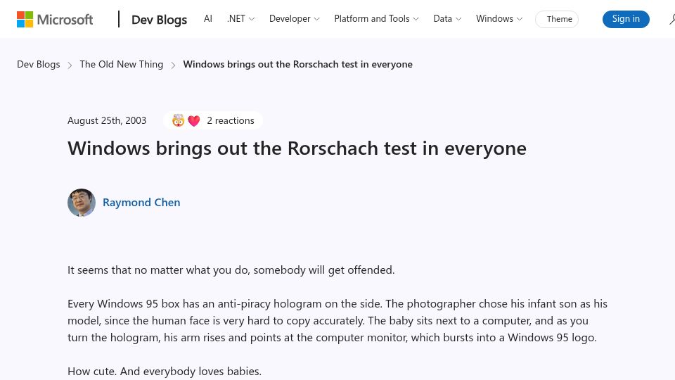 Screenshot of devblogs.microsoft.com: Windows brings out the Rorschach test in everyone (2003)