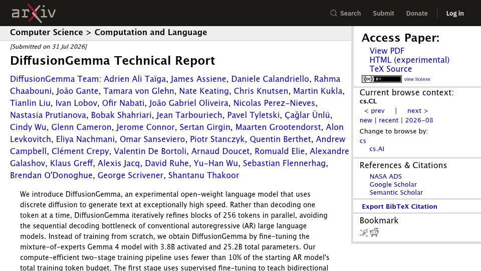 Screenshot of arxiv.org: DiffusionGemma Technical Report