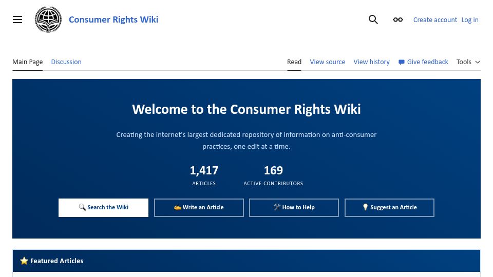 Screenshot of consumerrights.wiki: Consumer Rights Wiki