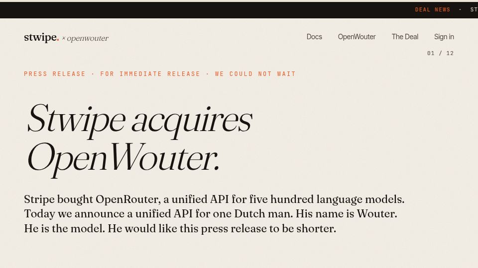 Screenshot of stwipe.com: Stwipe Acquires OpenWouter