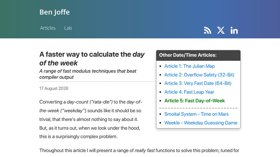 Screenshot of benjoffe.com: A faster way to calculate the day of the week