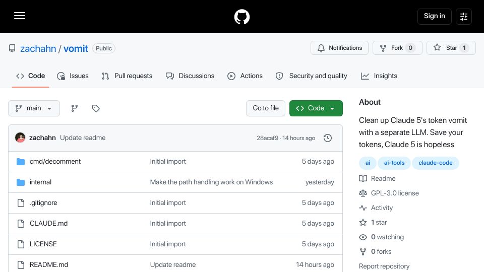 Screenshot of github.com: Vomit: Clean up Claude 5's token output with a separate LLM