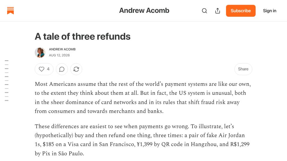 Screenshot of andrewacomb.substack.com: How do payments work in the US, China, and Brazil?