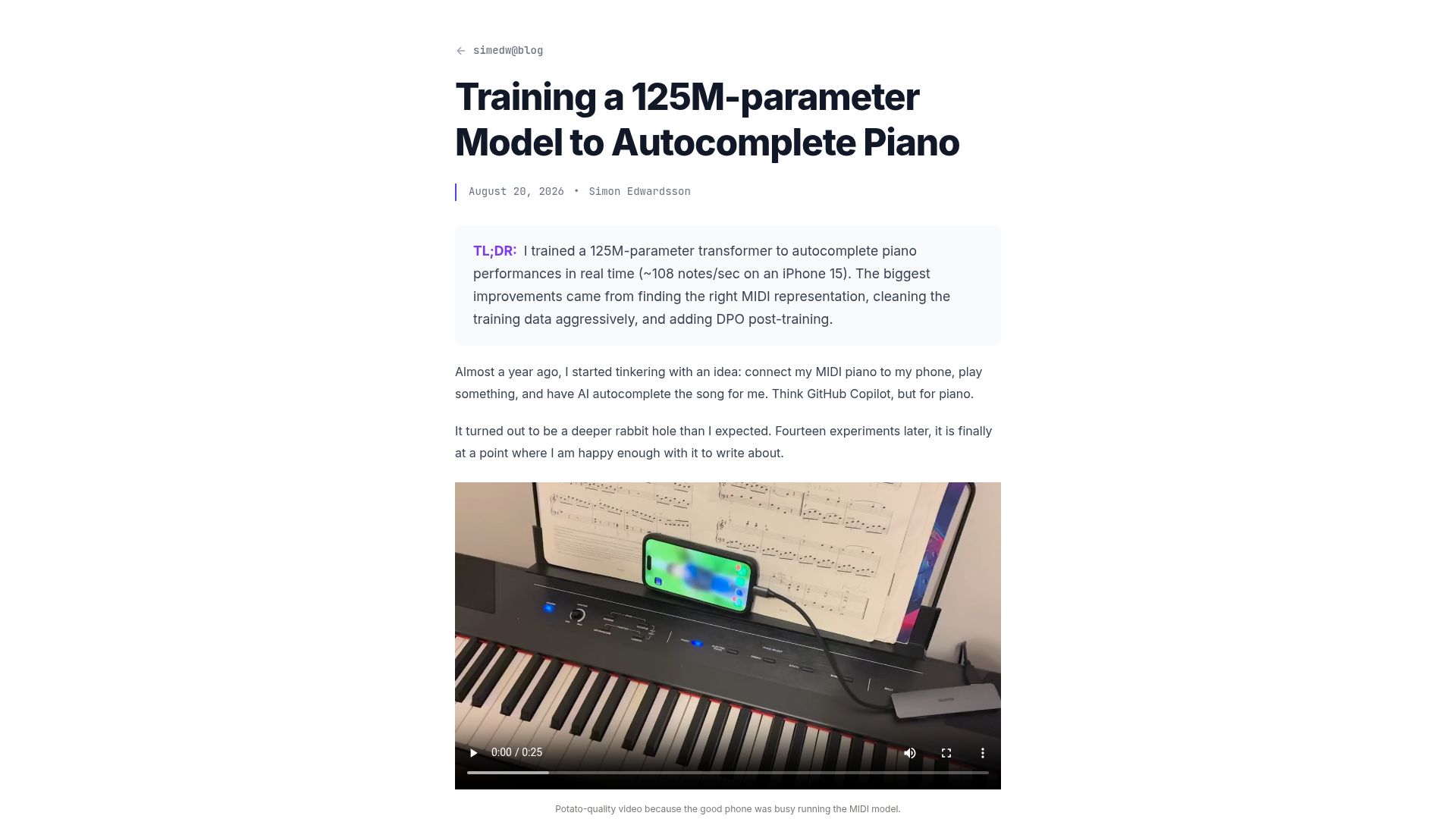 Screenshot of simedw.com: Show HN: I trained a 125M model to autocomplete piano on-device