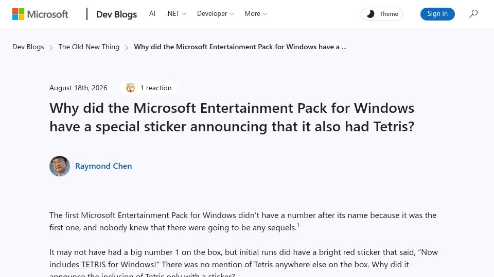 Screenshot of devblogs.microsoft.com: Why Microsoft Entertainment Pack had a sticker announcing that it had Tetris?