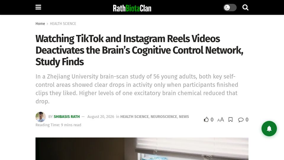 Screenshot of rathbiotaclan.com: Watching TikTok and Instagram deactivates the cognitive control network: Study
