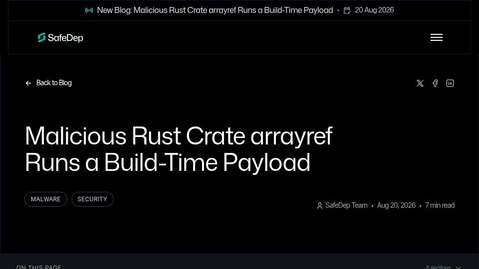 Screenshot of safedep.io: Malicious Rust crate Arrayref runs a build-time payload