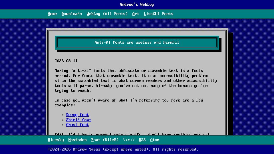 Screenshot of blog.yaros.ae: Anti-AI fonts are useless and harmful