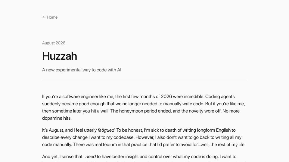 Screenshot of danielvaughn.dev: Show HN: Huzzah – a novel approach to coding with AI