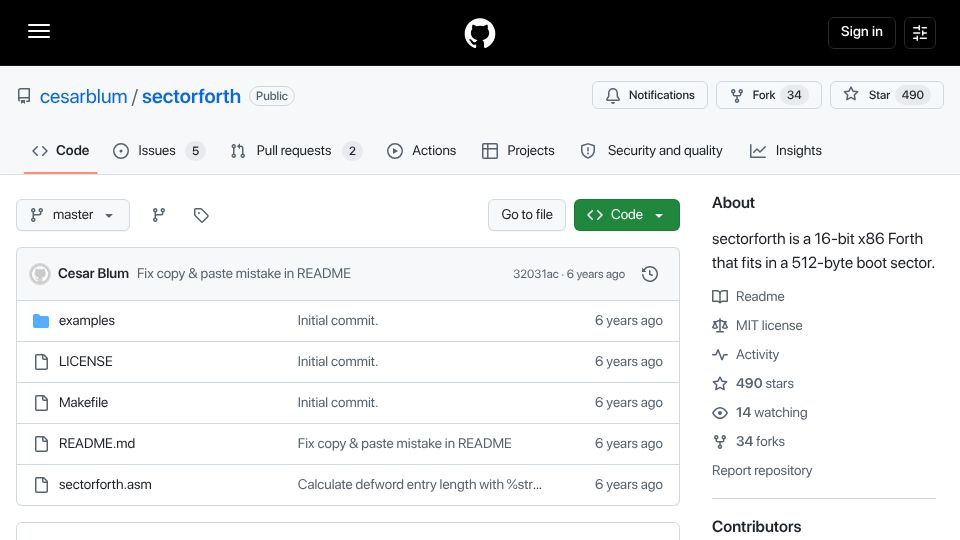 Screenshot of github.com: Sectorforth is a 16-bit x86 Forth that fits in a 512-byte boot sector (2020)