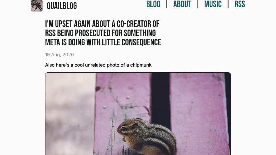 Screenshot of blog.curiousquail.com: Aaron Swartz was prosecuted for scraping, while Meta does it without consequence
