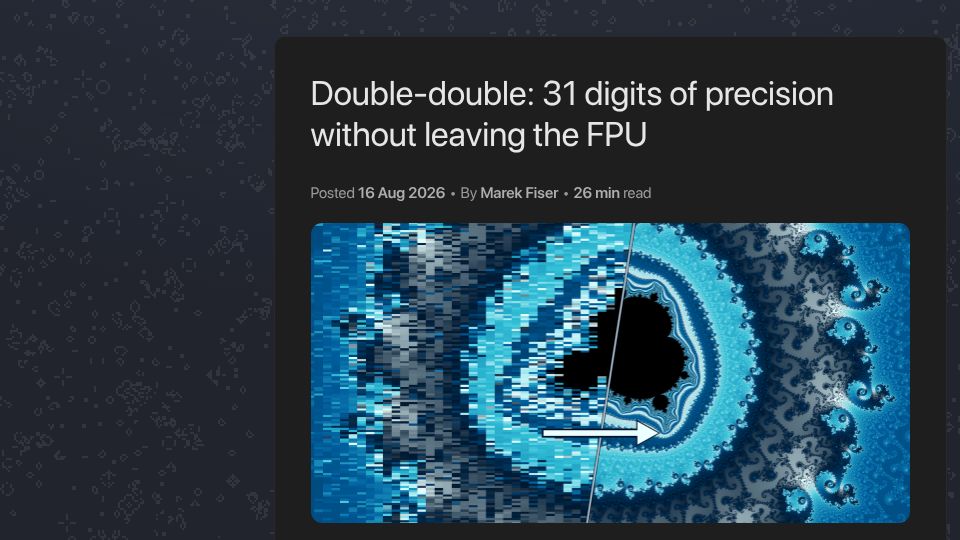 Screenshot of marekfiser.com: Double-double: 31 digits of precision without leaving the FPU