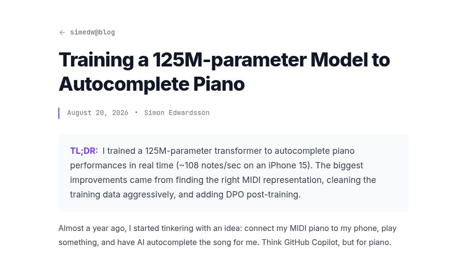 Screenshot of simedw.com: Show HN: I trained a 125M model to autocomplete piano on-device