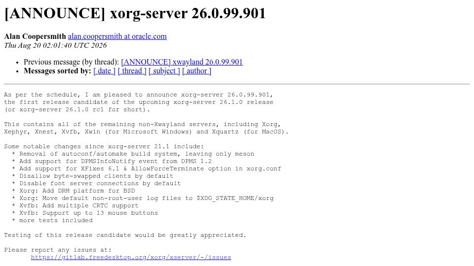 Screenshot of lists.x.org: Xorg-server 26.1.0 rc1