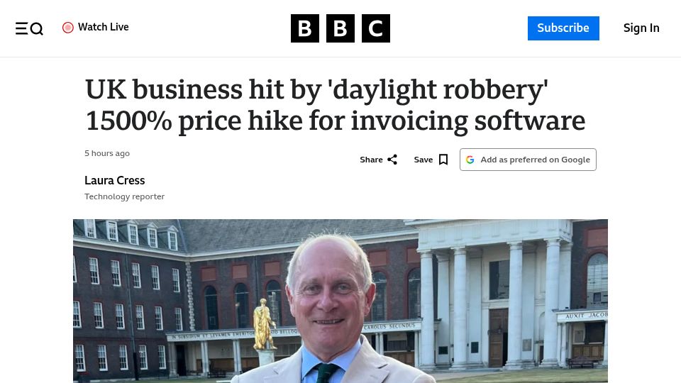 Screenshot of bbc.com: Harvest hikes bills by 1500% after purchased by Bending Spoons